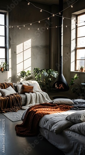 Cozy Bedroom Scene with Whisk and String Lights Under Soft Natural Light