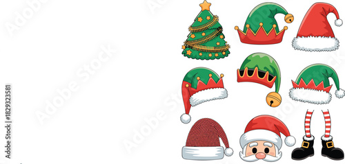 Christmas and Elf Costume Elements Set, Santa Hat, Christmas Tree, and Elf Legs Clipart