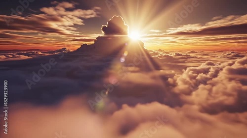 An aerial shot above beautiful sunset clouds with sun shining on horizon, detailed picturesque view, camera moving into amazing cloudscape with beautiful light rays, realistic CG animation.