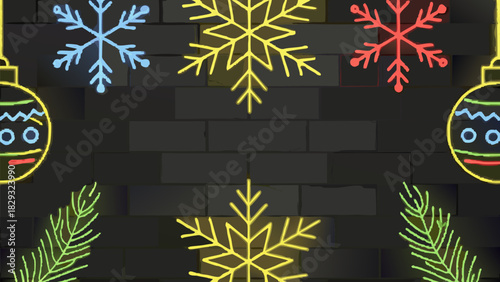 Festive neon Christmas ornament and snowflake design creates a bright cheerful holiday season scene with retro flair