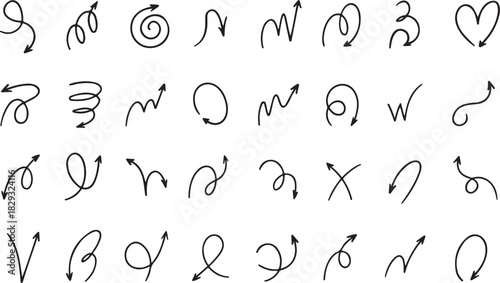 Curve doodle arrow set. Thin line hand drawn vector illustration. Sketch pen and pencil scribble drawing. Left, up, down, side, cross, wavy, spiral, vortex line art vector illustration