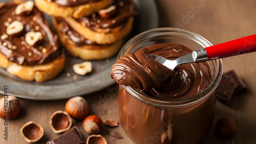 Rich chocolate hazelnut spread in a jar with spoon and toasted buns topped with nuts