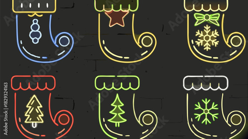 Festive Christmas stocking neon signs, perfect for holiday greeting cards and winter season promotions with bright colors