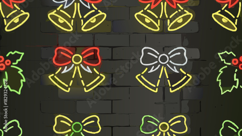 Holiday joy with festive neon bells and holly on a brick wall, perfect for Christmas themed designs and backgrounds