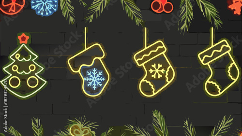 Festive Christmas neon accents featuring holiday stockings and a tree bring vibrant cheer to the season