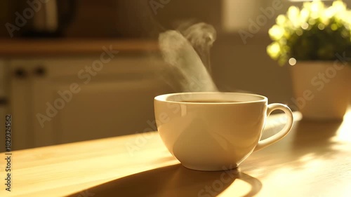 Steaming Cup Of Coffee On A Wooden Table In A Sunlit Kitchen With A Potted Plant In The Background