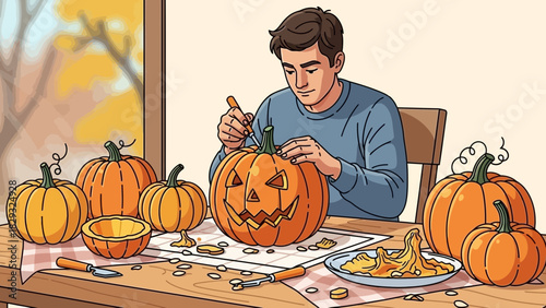 Man carves a Halloween pumpkin on a wooden table with several pumpkins around it. Concept for holiday preparation, seasonal celebration and family tradition