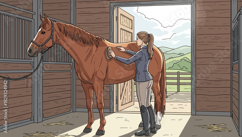 Female equestrian grooming a brown horse with a brush inside a wooden stable, concept for equestrian lifestyle, animal care and horse training