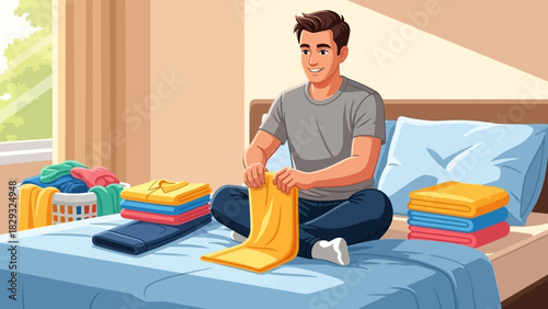 Smiling man folding clothes on bed with folded stacks and laundry basket in the background, concept for chore illustration, cartoon animation and lifestyle content