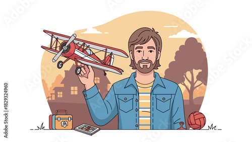 Smiling man holding a red biplane model in hand, standing near a suitcase, Concept for travel agency, childhood dream and family vacation