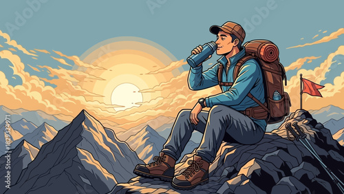 Man hiker sits on the top of the mountain drinking water bottle with sunrise scenery, concept for outdoor adventure, achieving goal and extreme sport