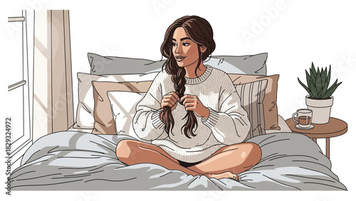 Beautiful girl sitting cross-legged on bed and playing with her hair, looking away happily, concept for relaxation, morning routine and healthy lifestyle