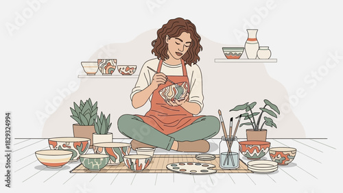 Woman in apron sitting cross-legged on the floor painting a bowl, surrounded by plants and pottery. Concept for creative hobby, home decor and artistic expression