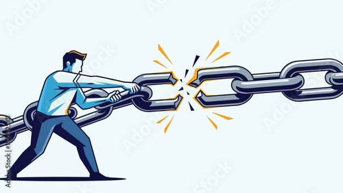 Illustration of a strong man breaking a metal chain with his bare hands. Concept for overcoming adversity, strength and power and crisis management