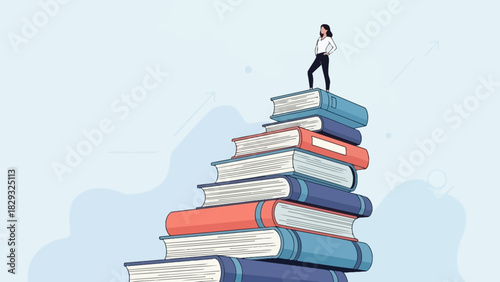 Female leader standing on a stack of books with upward arrows on the background. Concept for education success, career development and academic growth