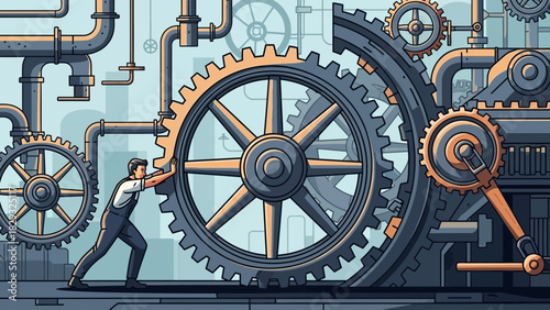Cartoon illustration of a man pushing a large gear in a complex industrial setting, concept for mechanical engineering, energy production and teamwork