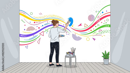Female artist creating abstract mural on the wall using colorful paints, concept for art therapy, creative expression and interior design