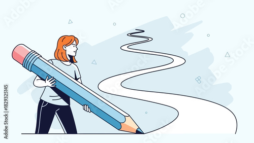 Young female artist holding a big pencil drawing a road or path concept for creative journey, career success and business goals
