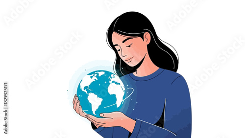 Young woman holding a glowing Earth globe with both hands on white isolated background. Concept for global business, environmental protection and international cooperation