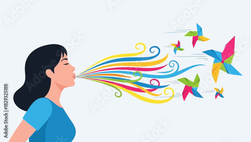 Young woman blowing colorful wind swirls transforming into origami windmills, concept for positive energy, inner power and freedom illustration