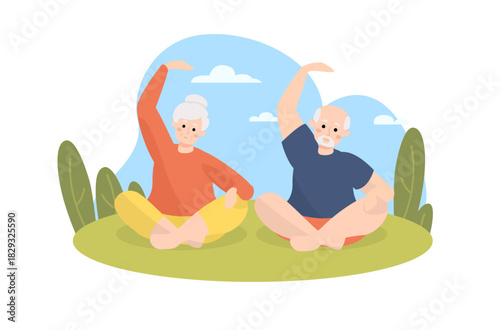 elderly couple doing yoga post outdoor