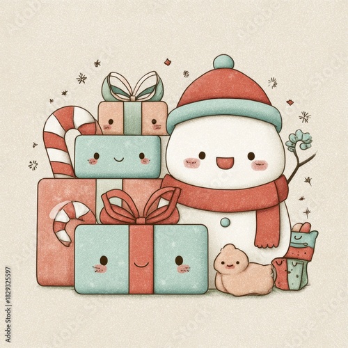 Kawaii Pastel Snowman with Cute Gift Boxes and Candy Cane – Christmas Illustration