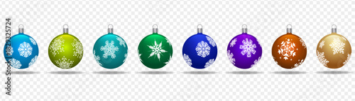Eight colorful Christmas balls featuring snowflake patterns arranged side by side with transparent backgrounds