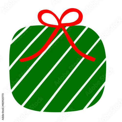 Green gift box with red ribbon.Cute hand drawn gift flat style.Present clipart.Gift icon symbol.
