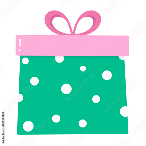 Cute gift box with bow in green and pink.Adorable hand drawn gift flat style.Present clipart.Gift icon symbol.