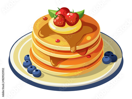 Vector illustration of stack of pancakes drizzled with syrup and topped with butter, fresh strawberries blueberries and raspberries