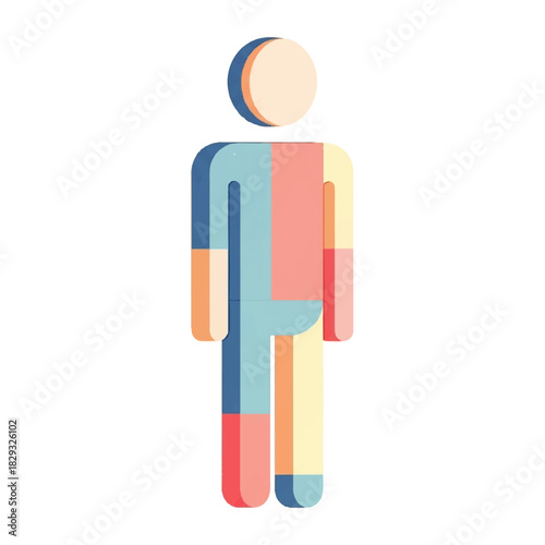 A stylized human figure composed of geometric blocks in various pastel colors, representing diversity or different aspects of a person.