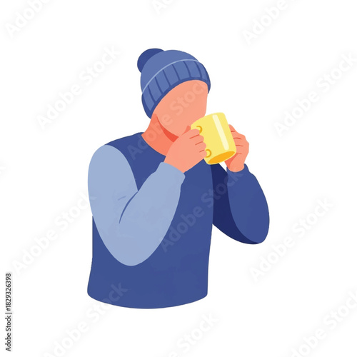 A stylized illustration of a person wearing a blue beanie and sweater, drinking from a yellow mug, suggesting warmth and comfort.