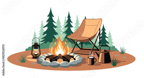 Cozy campsite scene with a crackling campfire, camping chair, and kettle brewing tea.