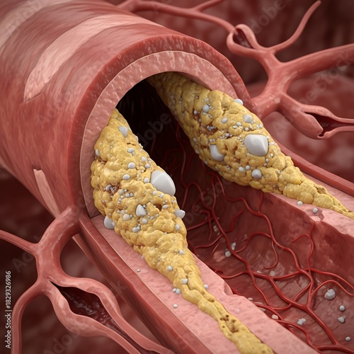 Artery blockage with plaque buildup, medical illustration of atherosclerosis.