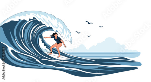 Woman surfing a big wave, with birds flying in the sky and clouds in the background.