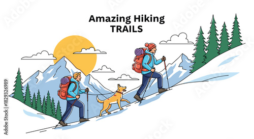 Two hikers and a dog ascend a snowy mountain trail under a bright sun with evergreen trees nearby.