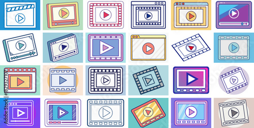 Colorful play button inside multiple filmstrip frames — minimalist vector icon set symbolizing video, media content, movie editing, film production, and digital streaming platform graphics