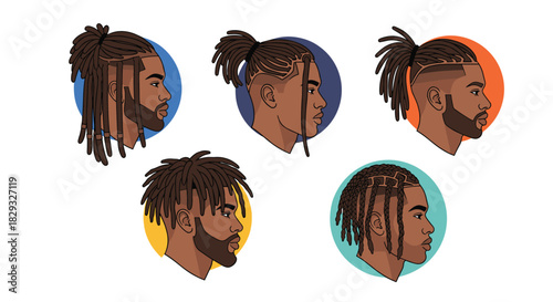 Collection of diverse hairstyles for men with brown skin, including dreadlocks and braids, shown in profile view.