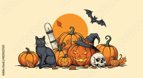 Spooky Halloween illustration featuring a black cat, jack-o'-lanterns, a witch hat, and a bat.