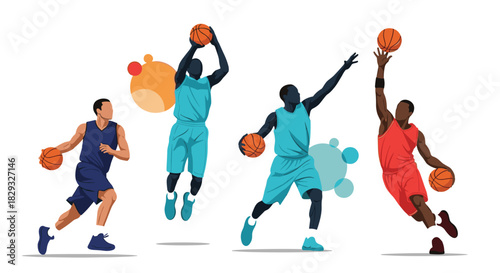 Four diverse basketball players in dynamic poses showcasing offensive basketball actions.