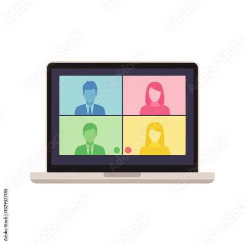 Laptop screen displaying a video conference with four participants in colored squares.