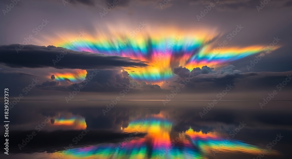Fototapeta premium Spectacular Rainbow Cloud Phenomenon Reflected in Calm Water