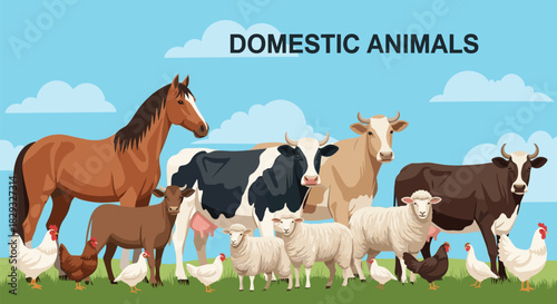 A diverse group of domestic farm animals standing together in a grassy field under a blue sky with clouds.