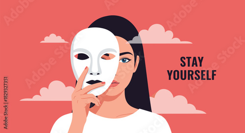 Woman holding a mask in front of her face, symbolizing hidden identity and self-expression.