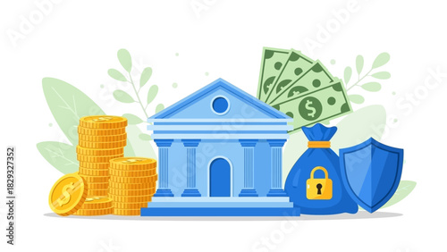 Secure Bank Deposits and Financial Asset Protection with Money and Gold Coins Illustration
