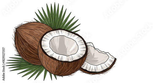 Illustration of two whole coconuts and a piece of a coconut with palm leaves.