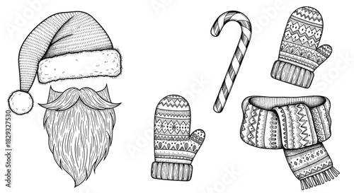 A collection of festive holiday winter accessories including Santa's hat and beard a candy cane and knitted mittens and scarf.