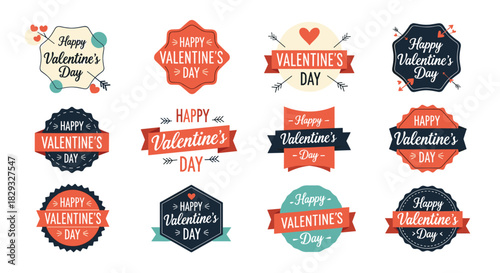 A collection of vintage and retro style valentine's day badges and labels with romantic elements.