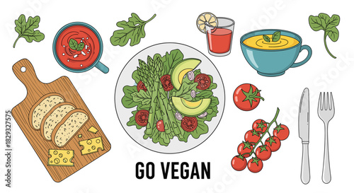 A vibrant collection of fresh vegan food illustrations and ingredients presented in a lively and colorful style.