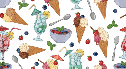 A delightful collection of summer treats including ice cream cones and refreshing beverages.